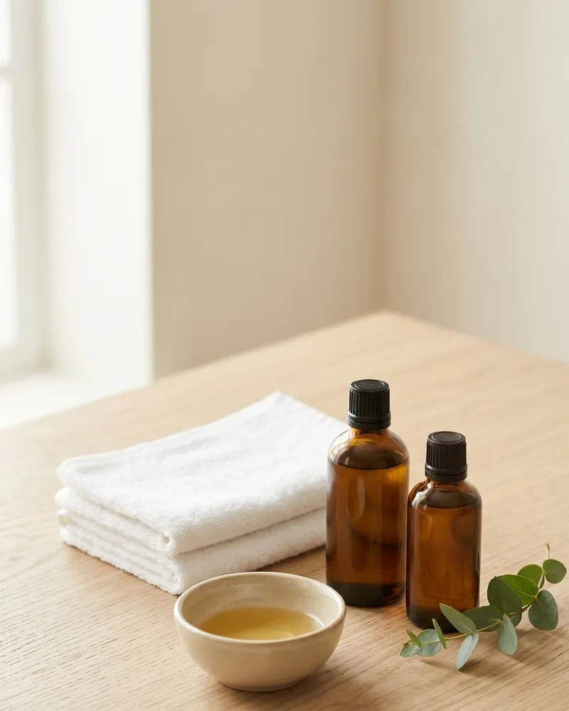 Massage oil bottles, a small bowl of oil and folded white towels on a wooden table