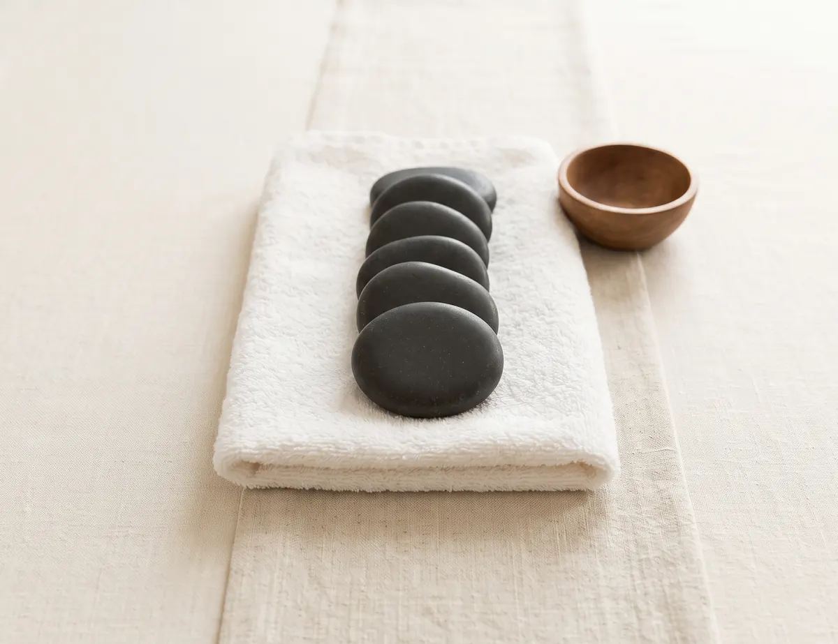 Smooth dark massage stones in a row on a folded white towel, with a small wooden bowl
